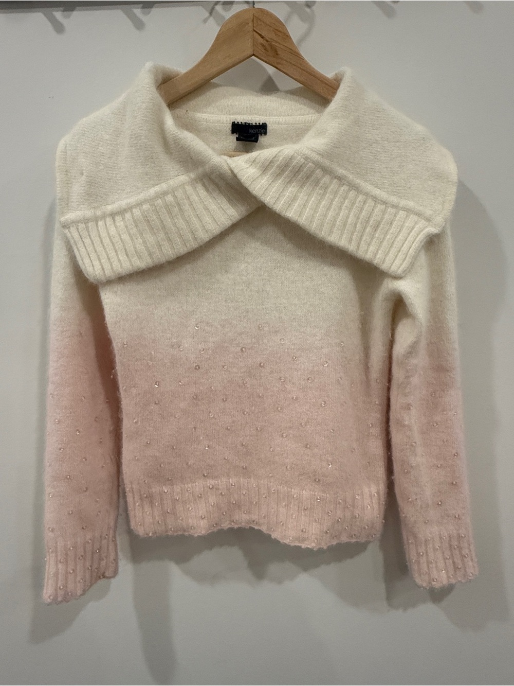 Vintage luxury Angora Ombre Pearl-Embellished Sweater with Fold-Over Collar sz M